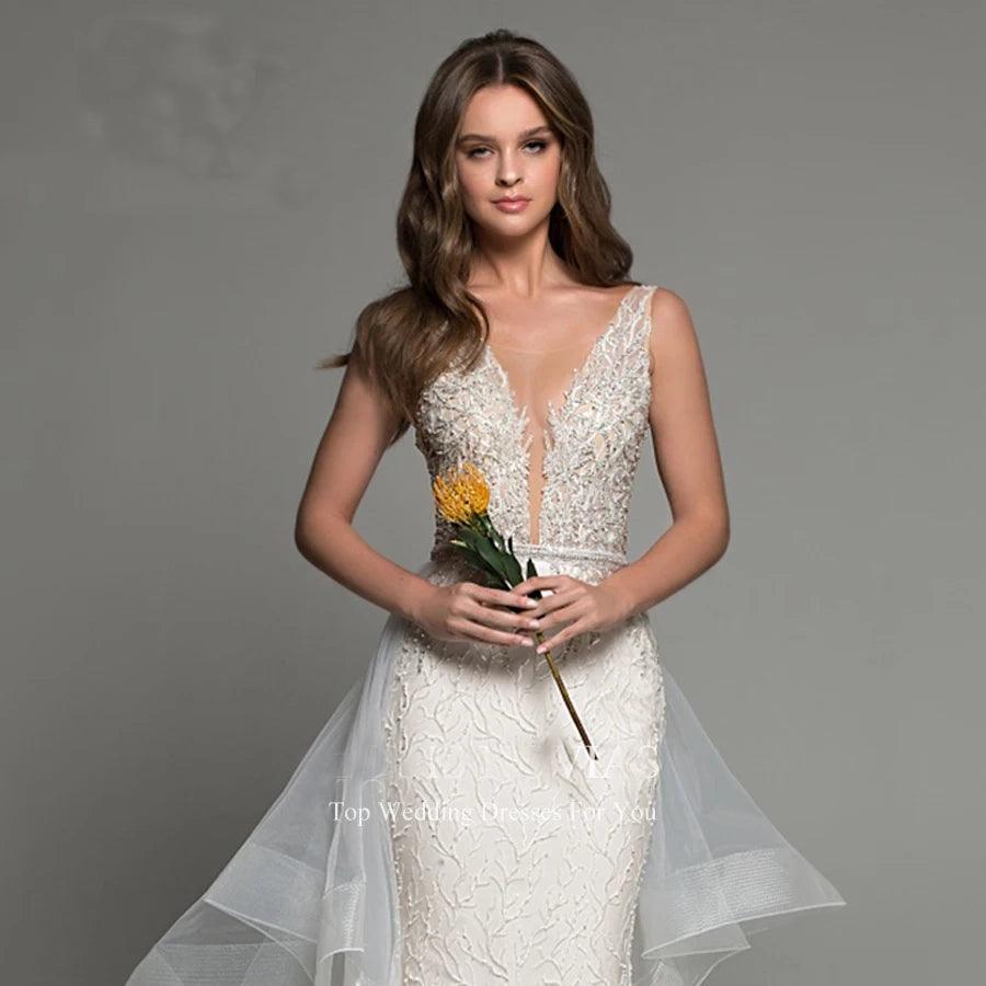 Sexy Mermaid Wedding Dress 2024 - Detachable Train, Shimmering Beaded V-Neck, Backless Sleeveless Wedding Gown (Vestido De Novia)