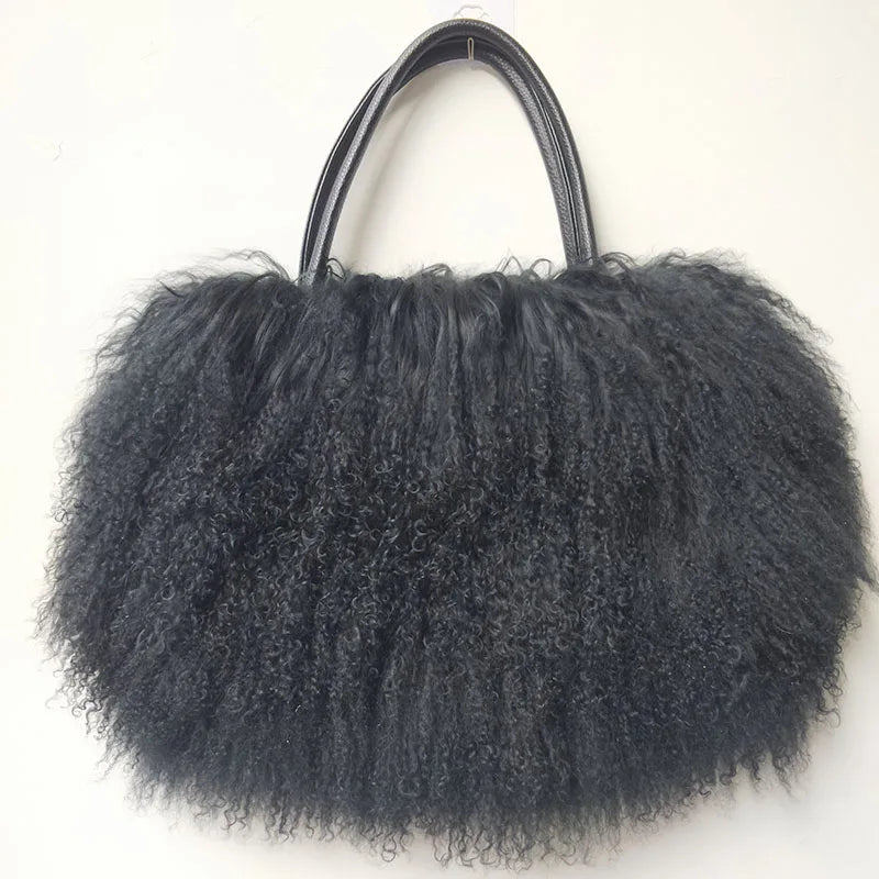 Winter Real Mongolia Lamb Fur Handbag Women Casual Tibet Long Hair Natural Fur Shoulder Bag Genuine Tote Bags Femme