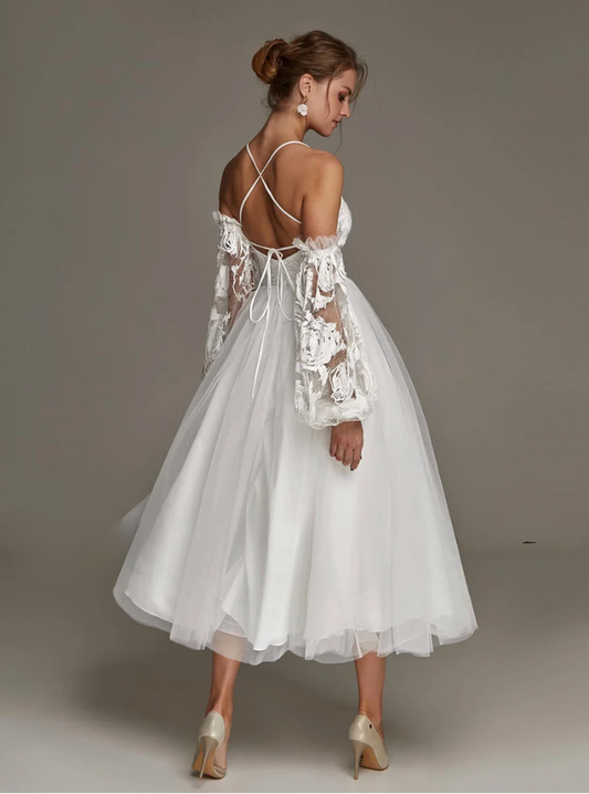 Sexy Short Wedding Dress Halter Sleeveless Lace Tulle A Line Bridal Gown Tea Length Vestidos De Novia Civil Bride Dresses - HER SHOP