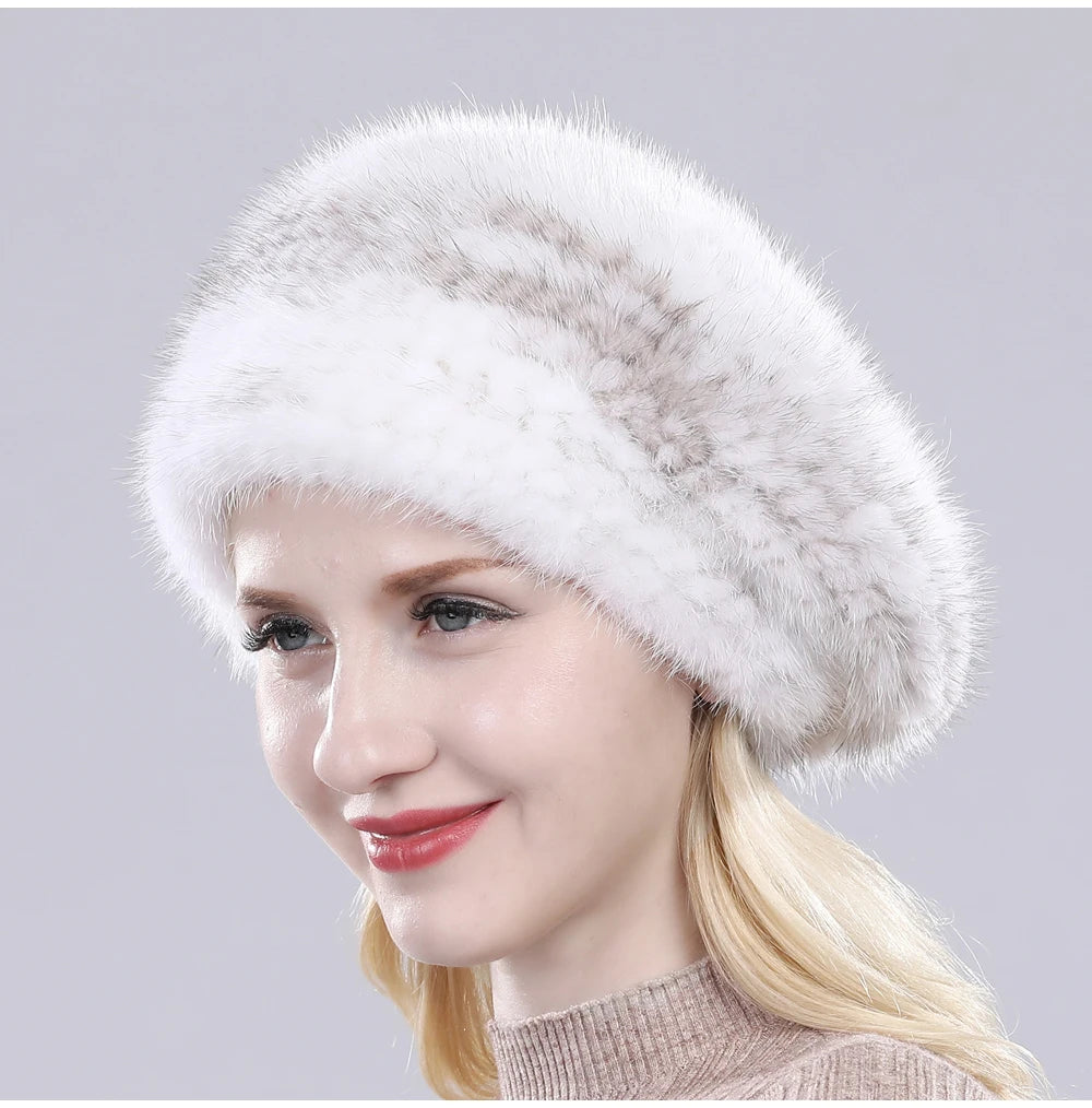 Hot Sale Winter Lady Natural Mink Fur Beanies Hat Knit Warm Striped Genuine Mink Fur Caps Women Good Elastic Real Mink Fur Hat