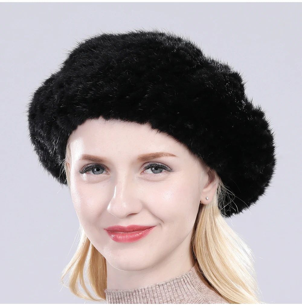 Hot Sale Winter Lady Natural Mink Fur Beanies Hat Knit Warm Striped Genuine Mink Fur Caps Women Good Elastic Real Mink Fur Hat