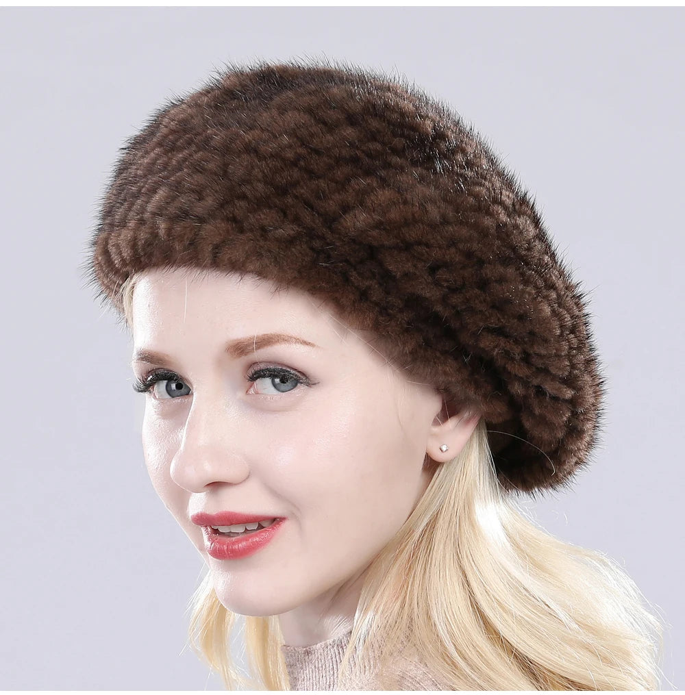 Hot Sale Winter Lady Natural Mink Fur Beanies Hat Knit Warm Striped Genuine Mink Fur Caps Women Good Elastic Real Mink Fur Hat