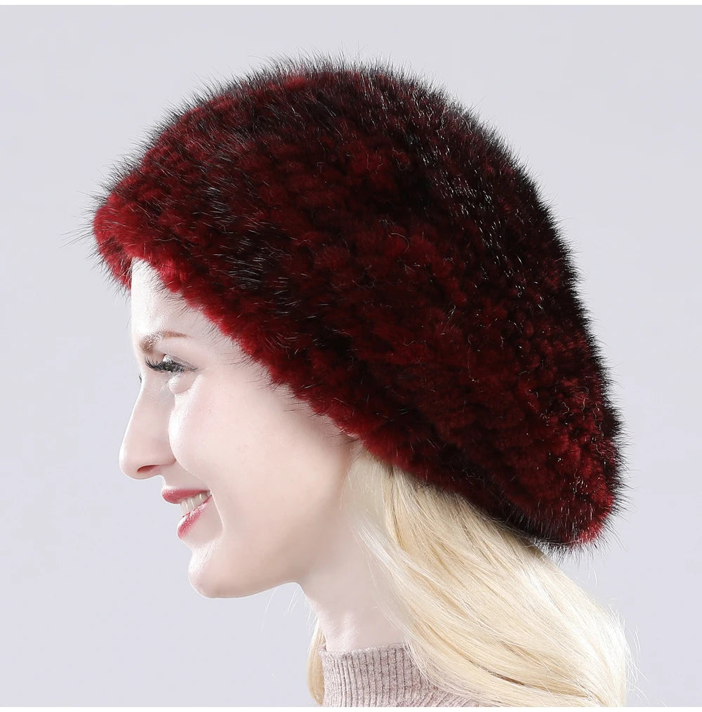 Hot Sale Winter Lady Natural Mink Fur Beanies Hat Knit Warm Striped Genuine Mink Fur Caps Women Good Elastic Real Mink Fur Hat