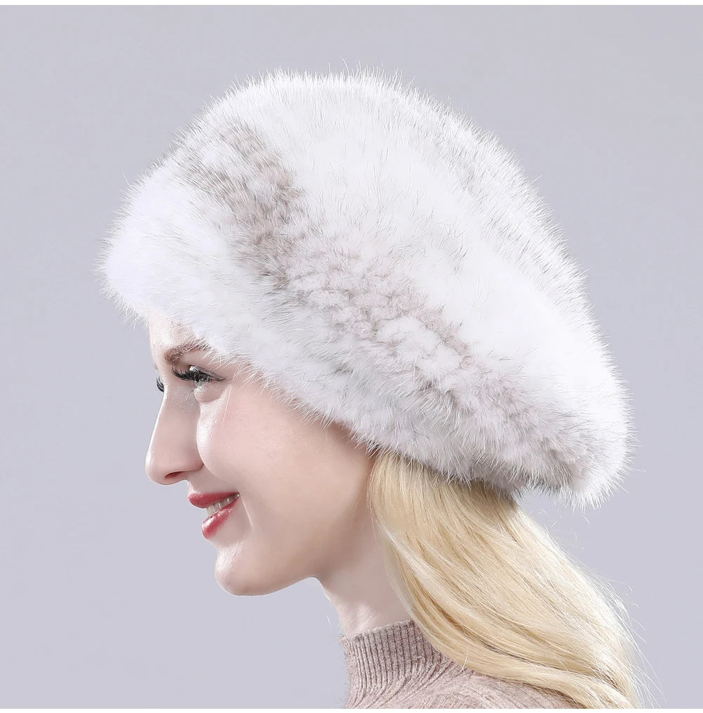 Hot Sale Winter Lady Natural Mink Fur Beanies Hat Knit Warm Striped Genuine Mink Fur Caps Women Good Elastic Real Mink Fur Hat