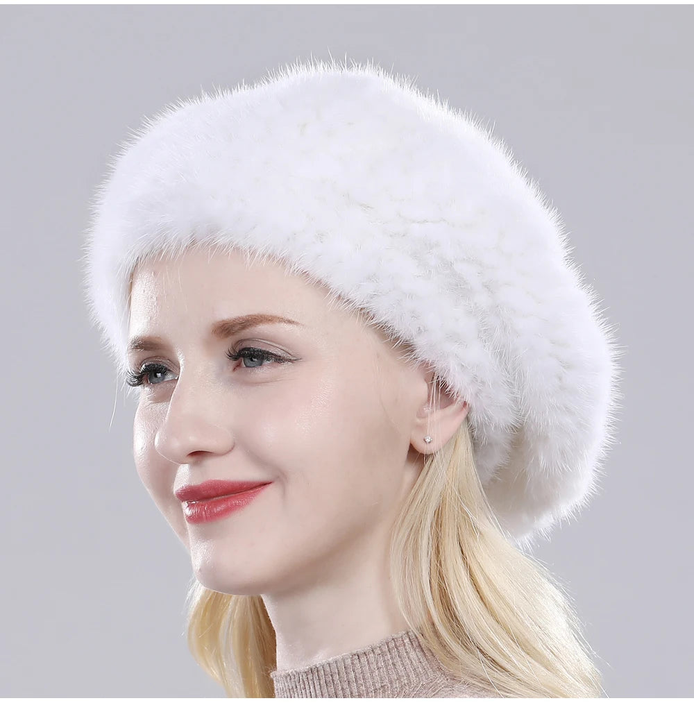 Hot Sale Winter Lady Natural Mink Fur Beanies Hat Knit Warm Striped Genuine Mink Fur Caps Women Good Elastic Real Mink Fur Hat
