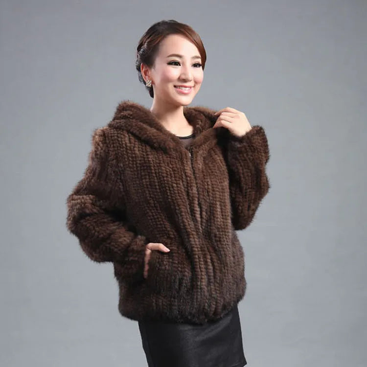 Women’s Luxury Real Knitted Mink Fur Jacket with Hood – Zipper Front Winter Coat (Plus Size)