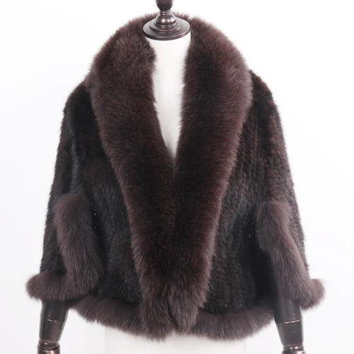 Women's Real Mink Fur Knitted Shawl Coat with Fox Fur Collar– Luxury Fashion Knit Cape Jacket