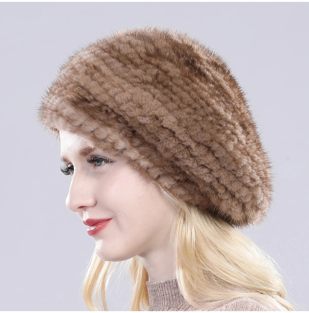 Hot Sale Winter Lady Natural Mink Fur Beanies Hat Knit Warm Striped Genuine Mink Fur Caps Women Good Elastic Real Mink Fur Hat