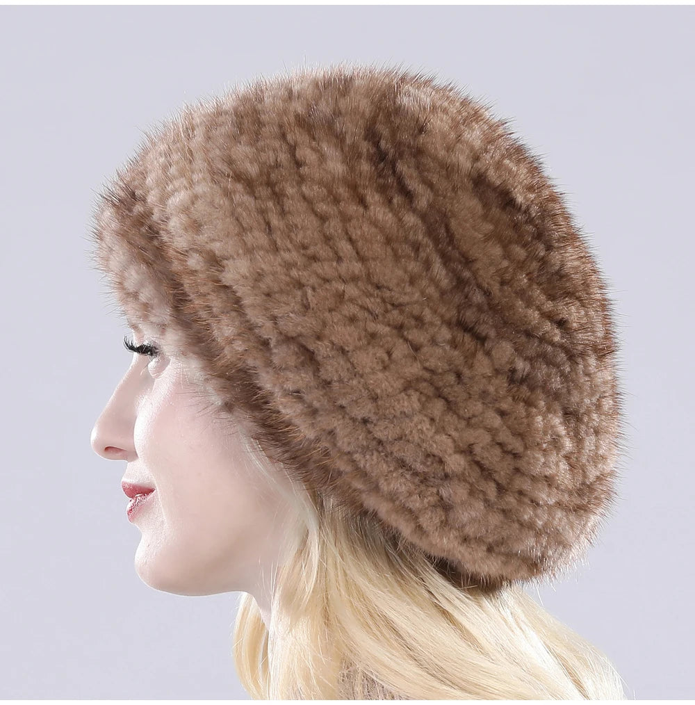 Hot Sale Winter Lady Natural Mink Fur Beanies Hat Knit Warm Striped Genuine Mink Fur Caps Women Good Elastic Real Mink Fur Hat