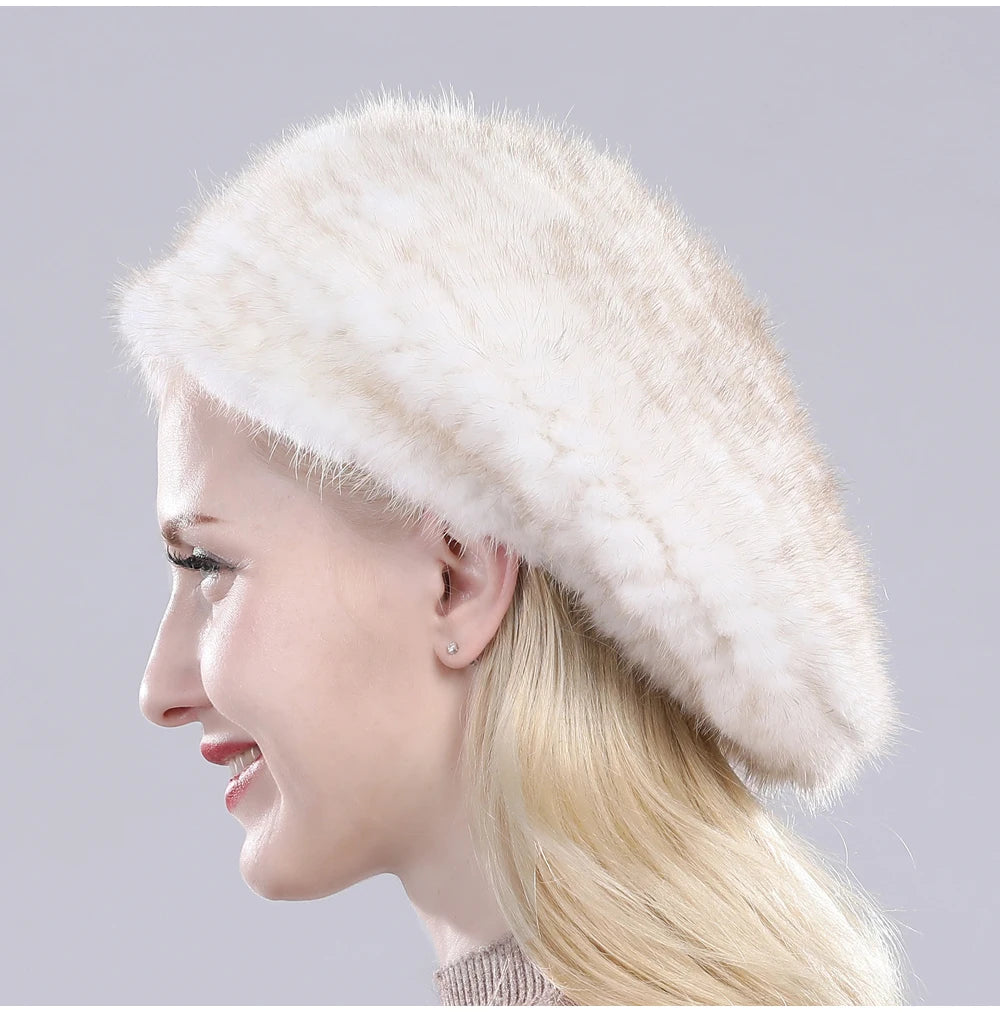 Hot Sale Winter Lady Natural Mink Fur Beanies Hat Knit Warm Striped Genuine Mink Fur Caps Women Good Elastic Real Mink Fur Hat
