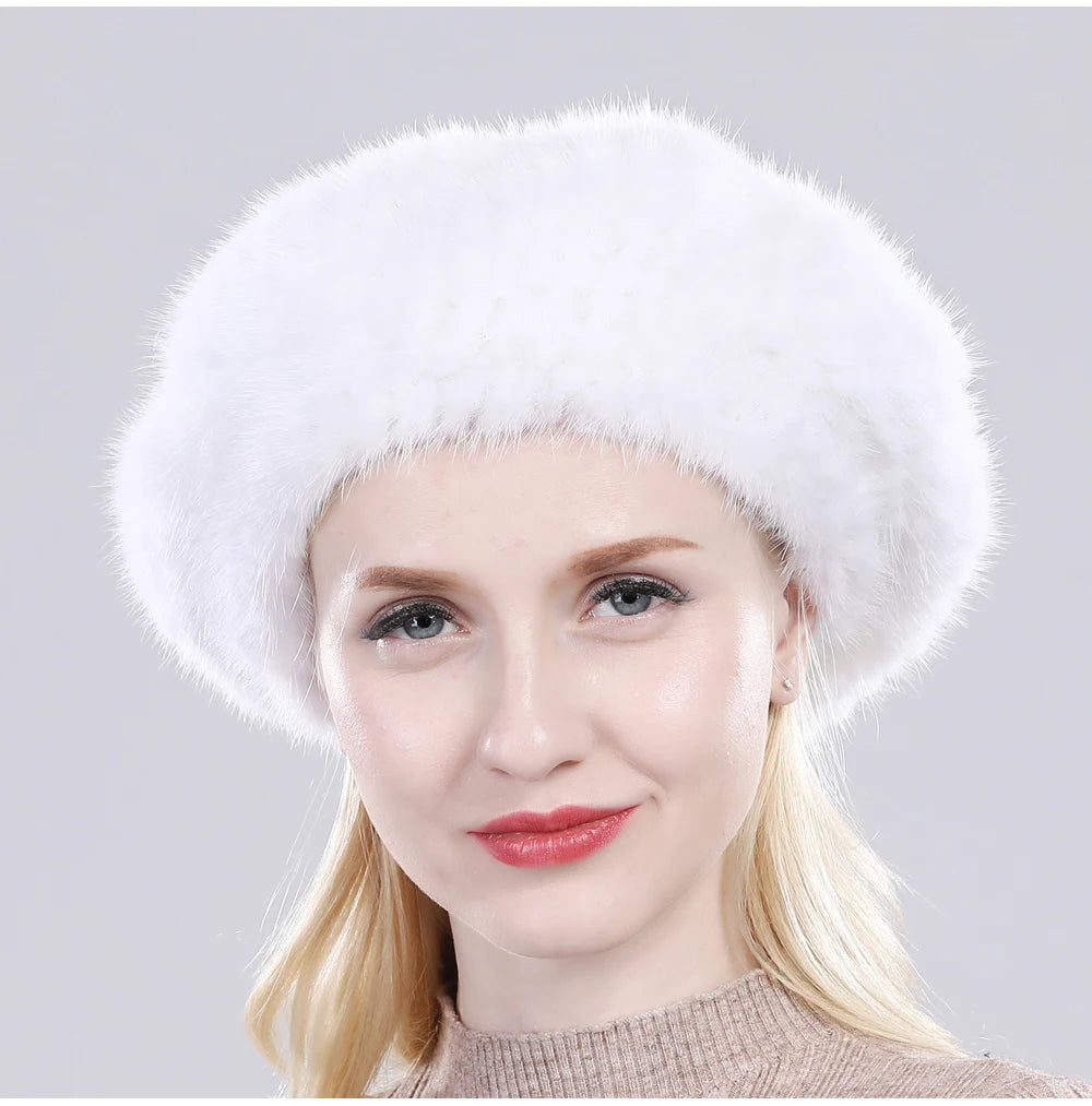 Hot Sale Winter Lady Natural Mink Fur Beanies Hat Knit Warm Striped Genuine Mink Fur Caps Women Good Elastic Real Mink Fur Hat