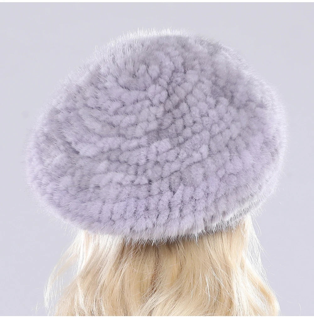 Hot Sale Winter Lady Natural Mink Fur Beanies Hat Knit Warm Striped Genuine Mink Fur Caps Women Good Elastic Real Mink Fur Hat