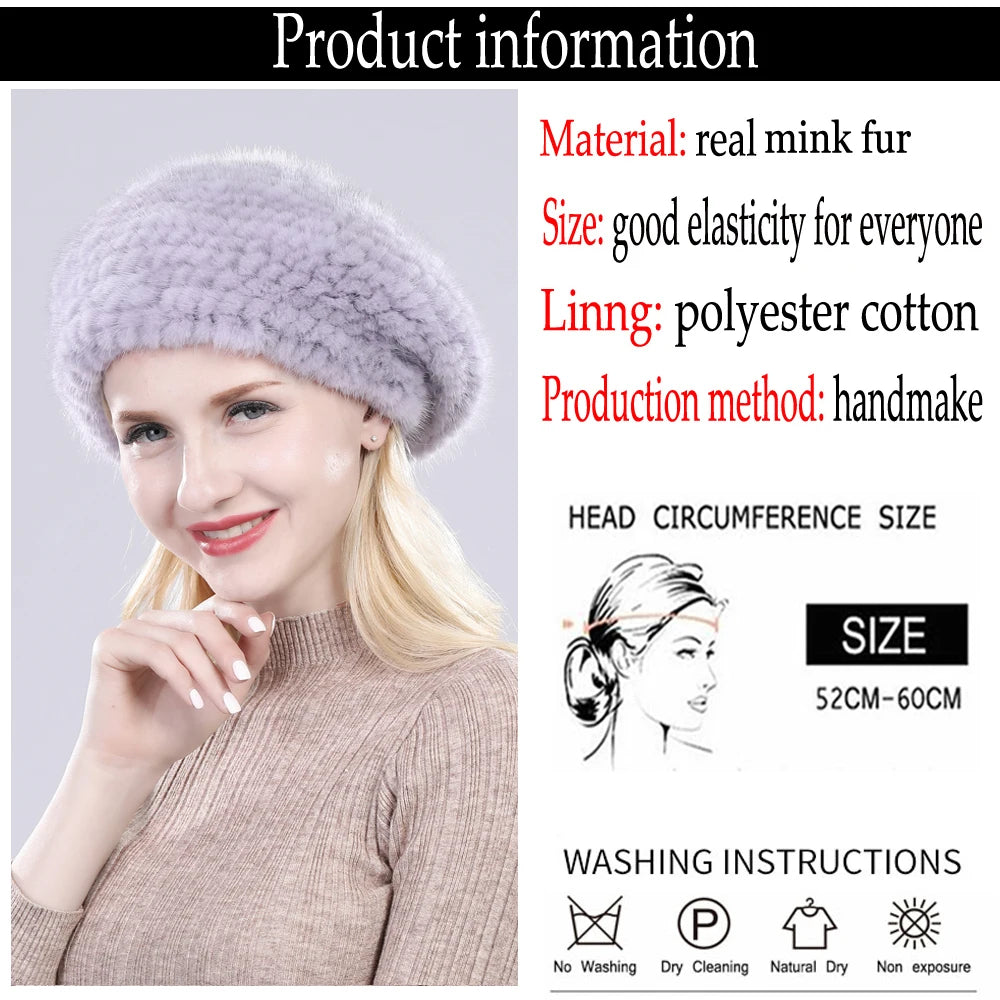 Hot Sale Winter Lady Natural Mink Fur Beanies Hat Knit Warm Striped Genuine Mink Fur Caps Women Good Elastic Real Mink Fur Hat