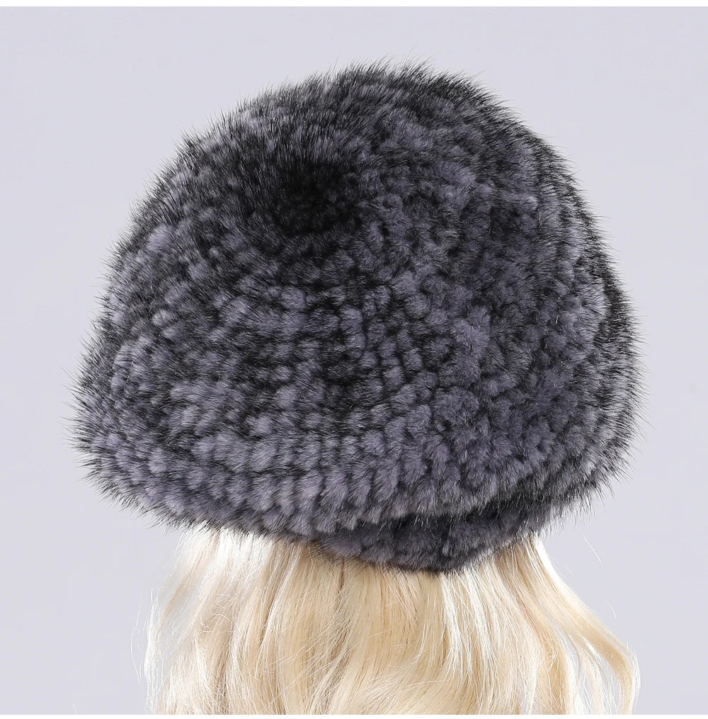 Hot Sale Winter Lady Natural Mink Fur Beanies Hat Knit Warm Striped Genuine Mink Fur Caps Women Good Elastic Real Mink Fur Hat