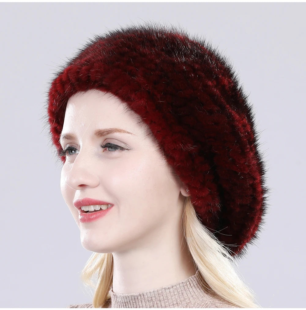 Hot Sale Winter Lady Natural Mink Fur Beanies Hat Knit Warm Striped Genuine Mink Fur Caps Women Good Elastic Real Mink Fur Hat