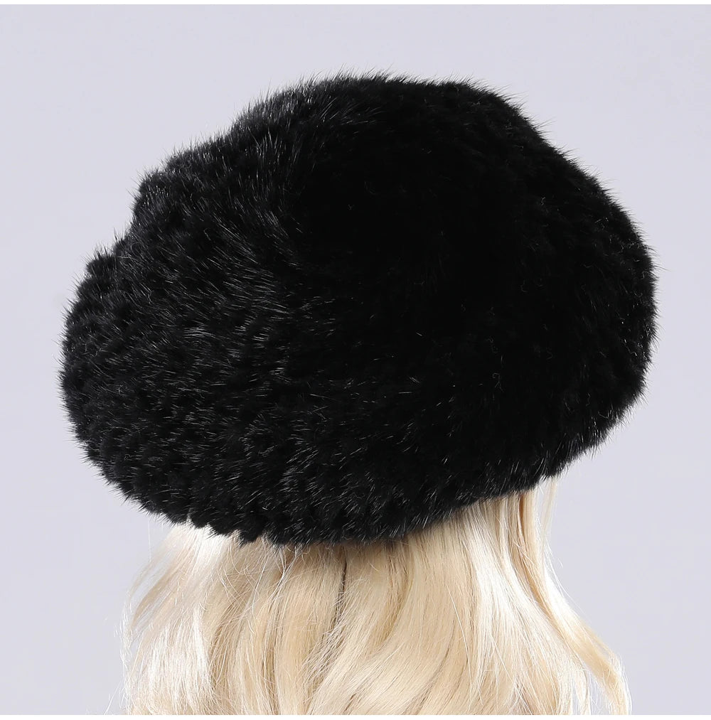 Hot Sale Winter Lady Natural Mink Fur Beanies Hat Knit Warm Striped Genuine Mink Fur Caps Women Good Elastic Real Mink Fur Hat