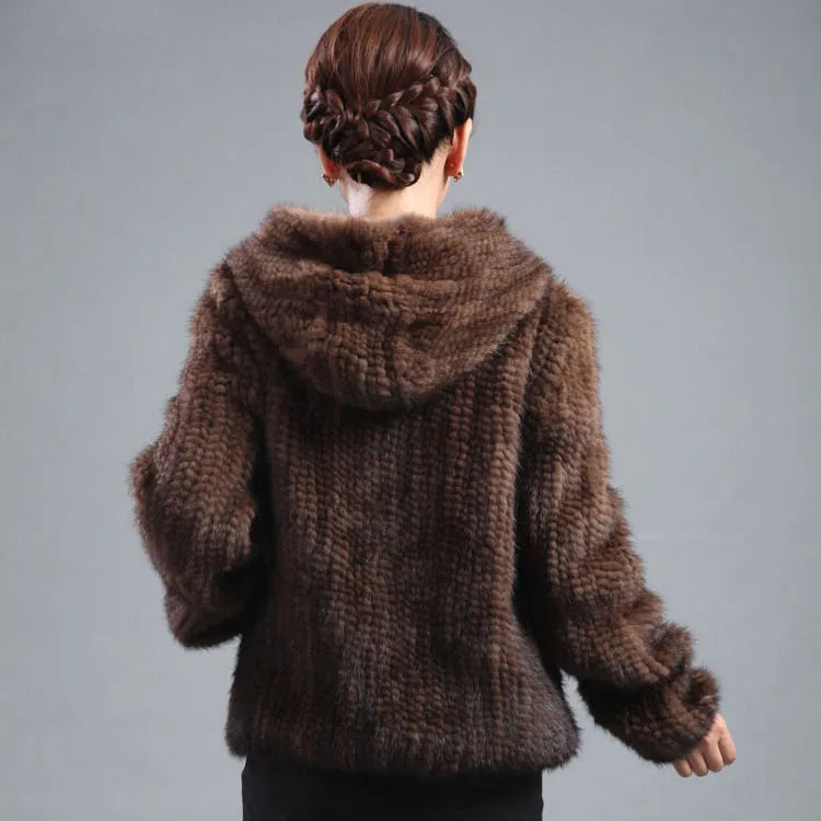 Women’s Luxury Real Knitted Mink Fur Jacket with Hood – Zipper Front Winter Coat (Plus Size)