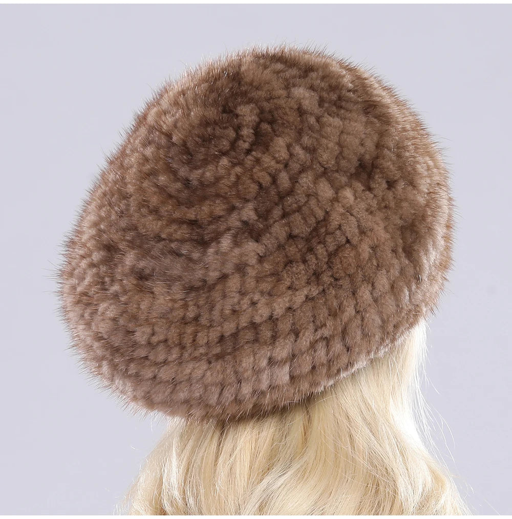 Hot Sale Winter Lady Natural Mink Fur Beanies Hat Knit Warm Striped Genuine Mink Fur Caps Women Good Elastic Real Mink Fur Hat