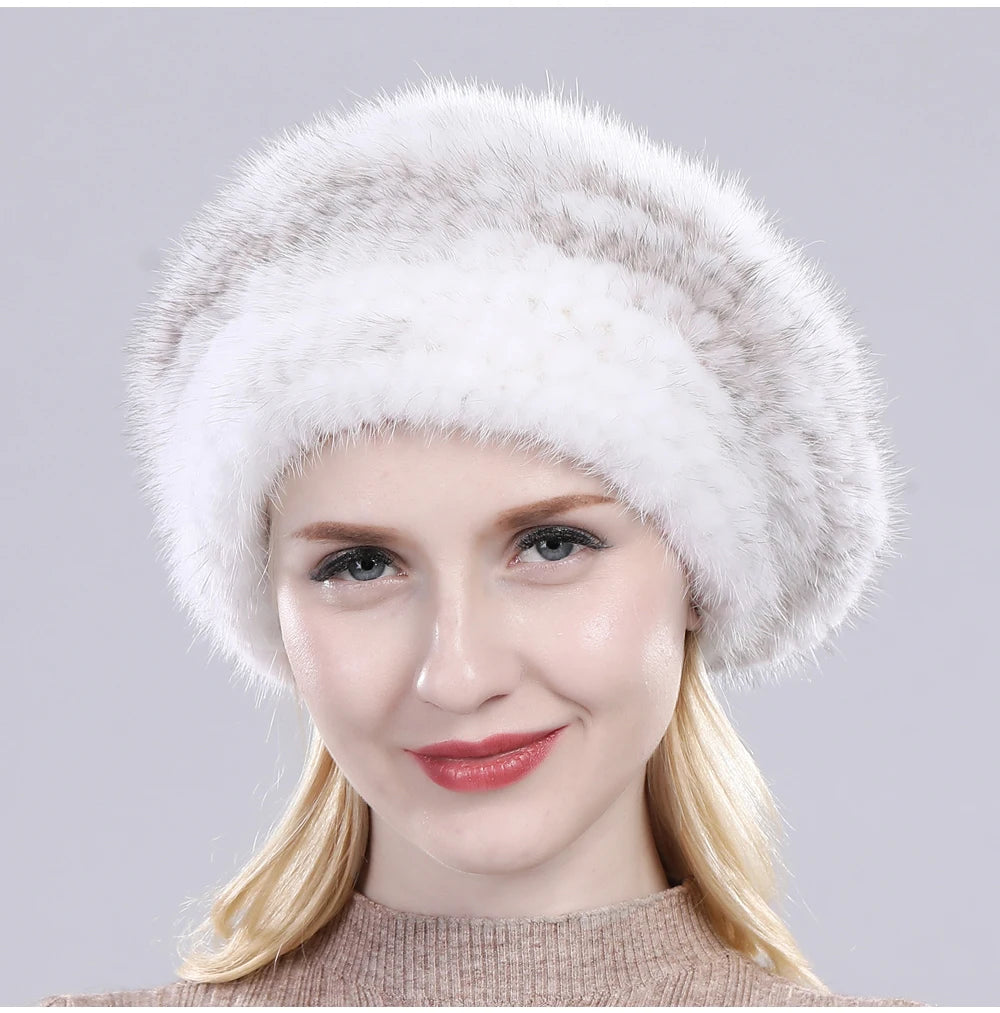 Hot Sale Winter Lady Natural Mink Fur Beanies Hat Knit Warm Striped Genuine Mink Fur Caps Women Good Elastic Real Mink Fur Hat