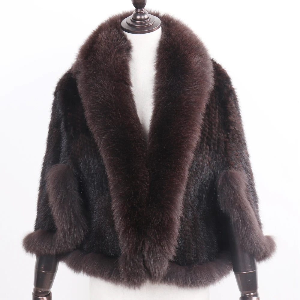 Women's Real Mink Fur Knitted Shawl Coat with Fox Fur Collar– Luxury Fashion Knit Cape Jacket