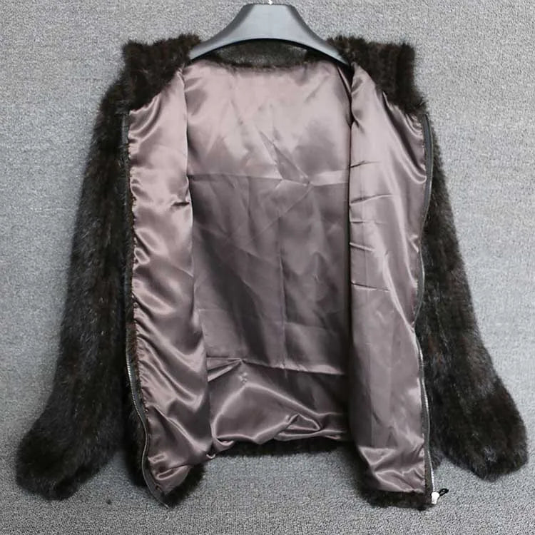 Women’s Luxury Real Knitted Mink Fur Jacket with Hood – Zipper Front Winter Coat (Plus Size)