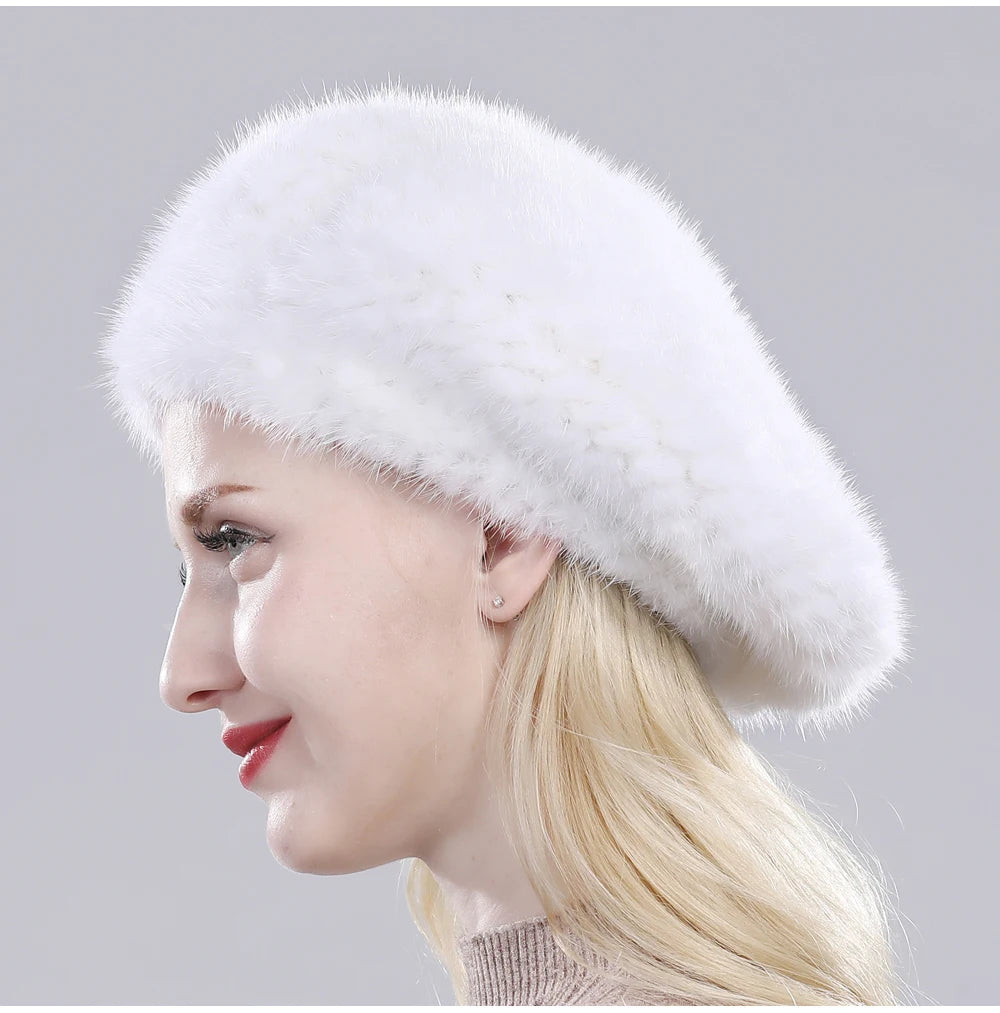 Hot Sale Winter Lady Natural Mink Fur Beanies Hat Knit Warm Striped Genuine Mink Fur Caps Women Good Elastic Real Mink Fur Hat
