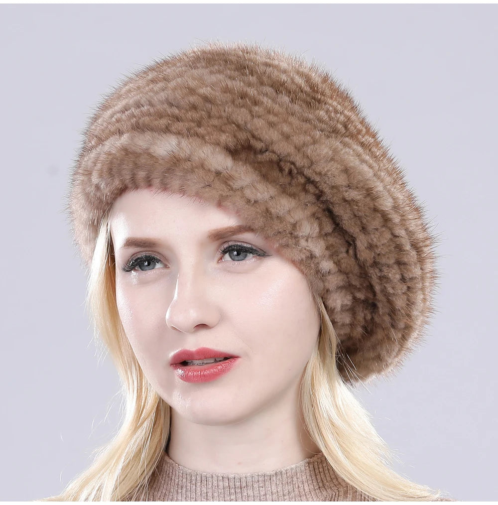 Hot Sale Winter Lady Natural Mink Fur Beanies Hat Knit Warm Striped Genuine Mink Fur Caps Women Good Elastic Real Mink Fur Hat