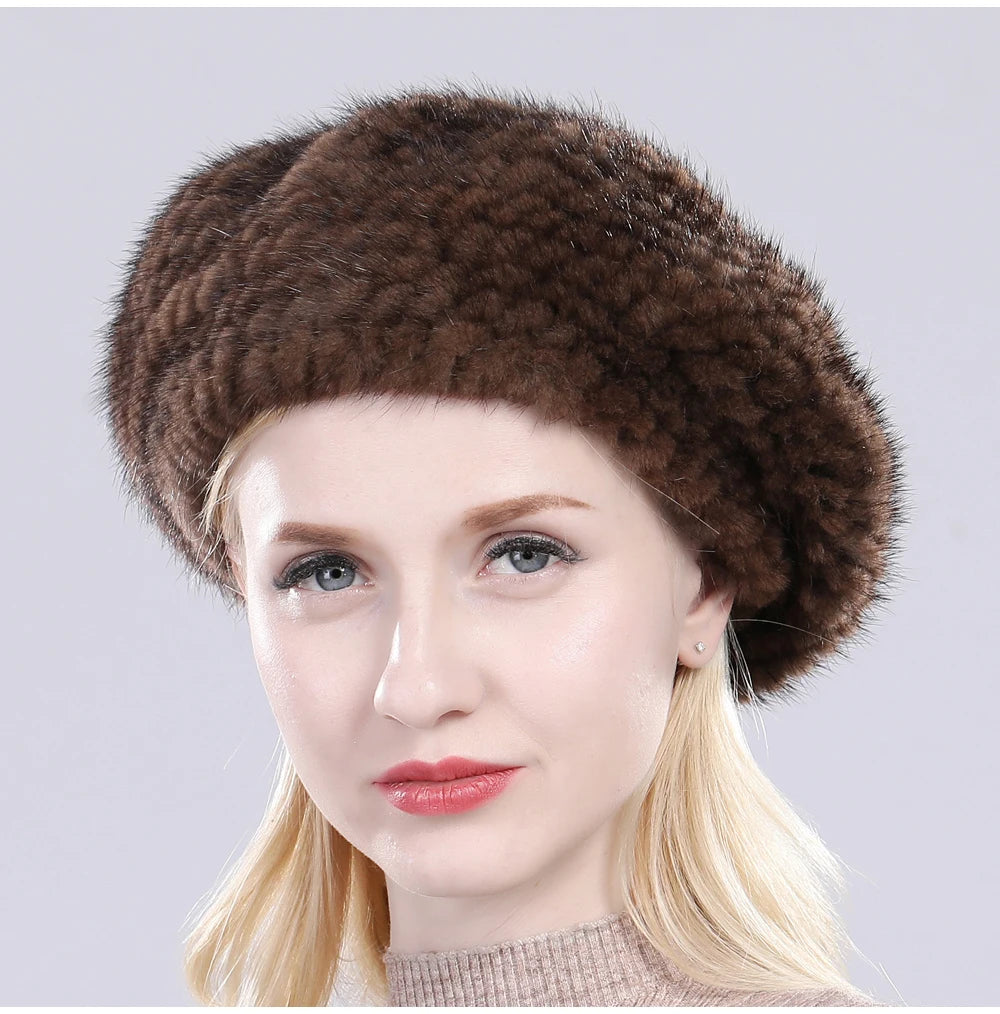 Hot Sale Winter Lady Natural Mink Fur Beanies Hat Knit Warm Striped Genuine Mink Fur Caps Women Good Elastic Real Mink Fur Hat