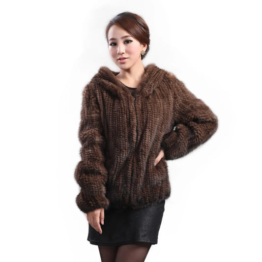 Women’s Luxury Real Knitted Mink Fur Jacket with Hood – Zipper Front Winter Coat (Plus Size) - HER SHOP