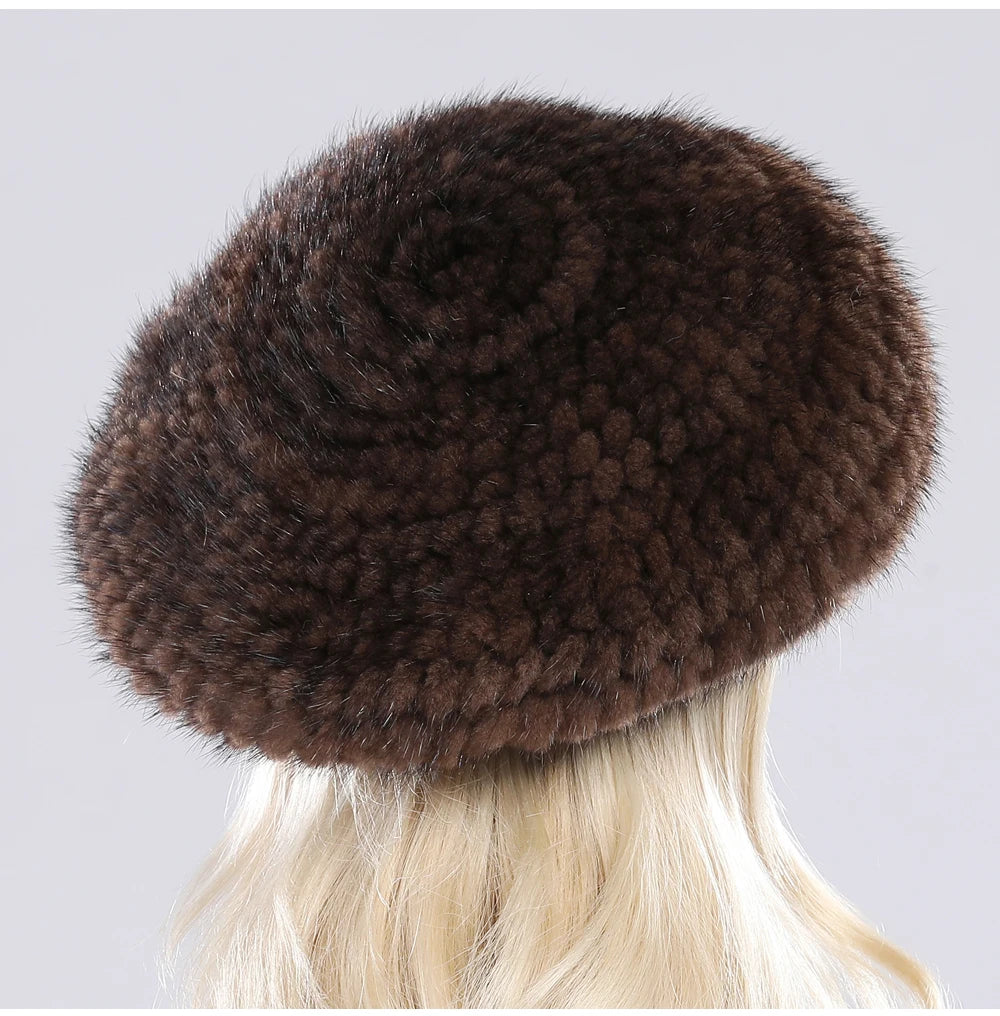 Hot Sale Winter Lady Natural Mink Fur Beanies Hat Knit Warm Striped Genuine Mink Fur Caps Women Good Elastic Real Mink Fur Hat