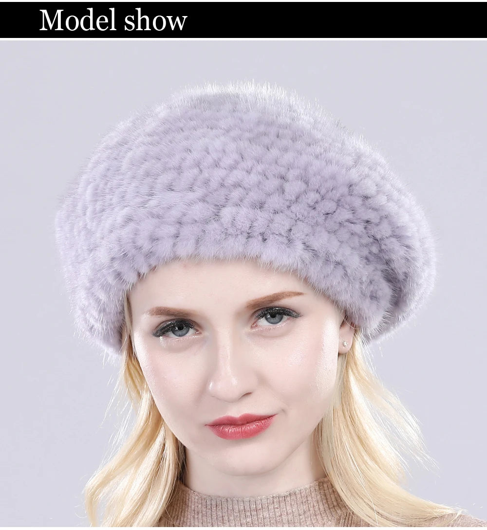 Hot Sale Winter Lady Natural Mink Fur Beanies Hat Knit Warm Striped Genuine Mink Fur Caps Women Good Elastic Real Mink Fur Hat