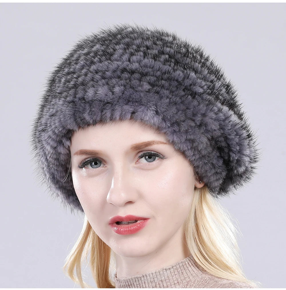 Hot Sale Winter Lady Natural Mink Fur Beanies Hat Knit Warm Striped Genuine Mink Fur Caps Women Good Elastic Real Mink Fur Hat
