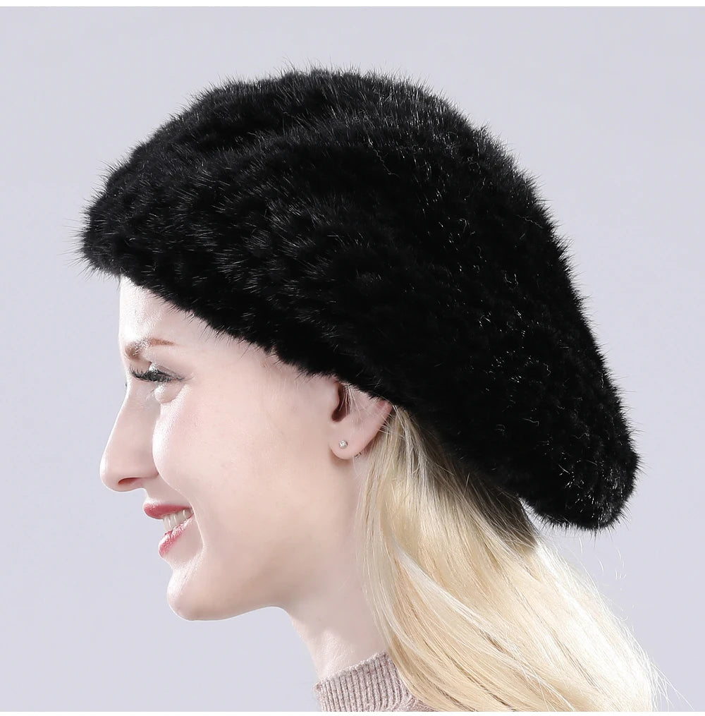 Hot Sale Winter Lady Natural Mink Fur Beanies Hat Knit Warm Striped Genuine Mink Fur Caps Women Good Elastic Real Mink Fur Hat