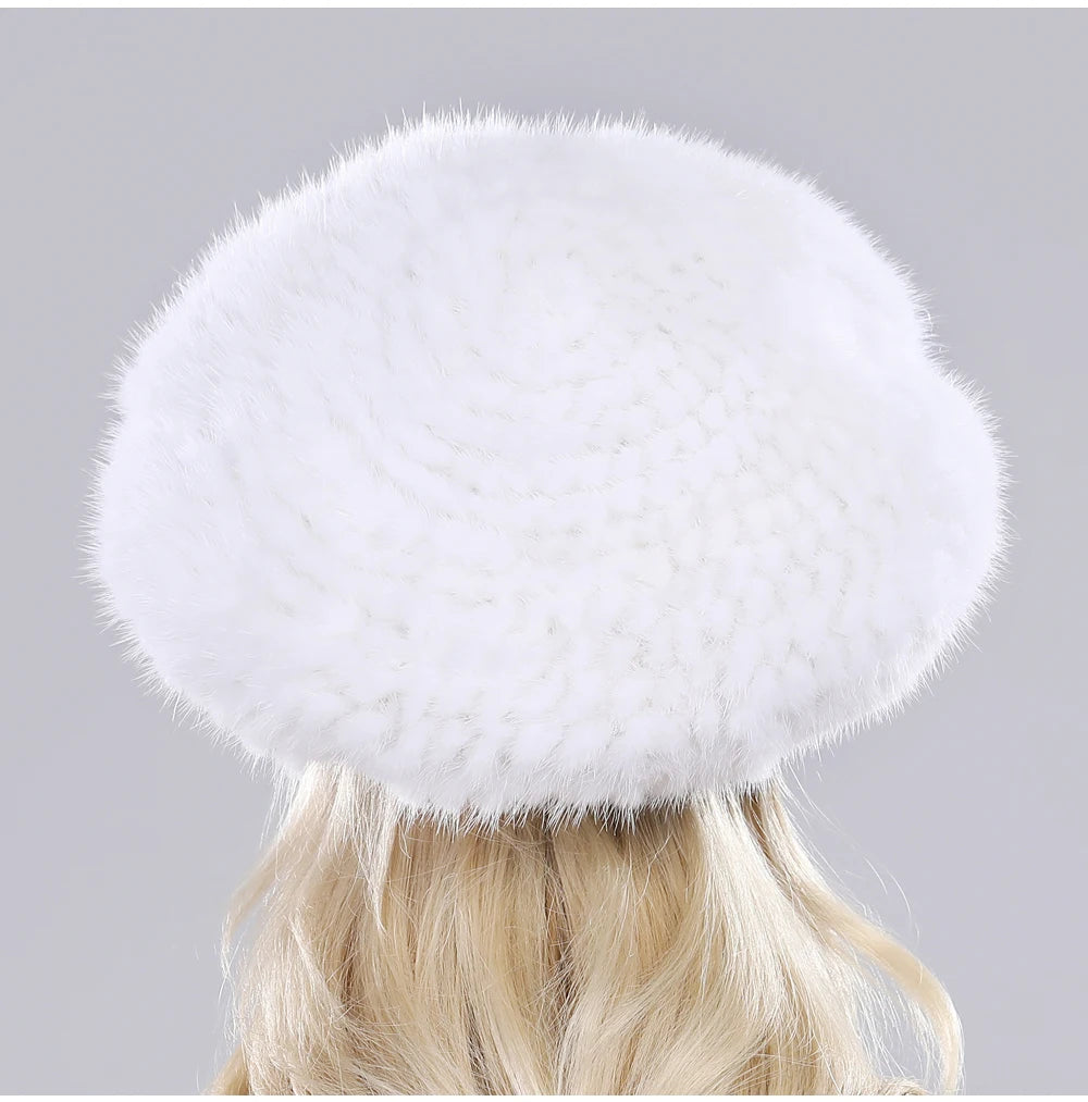 Hot Sale Winter Lady Natural Mink Fur Beanies Hat Knit Warm Striped Genuine Mink Fur Caps Women Good Elastic Real Mink Fur Hat