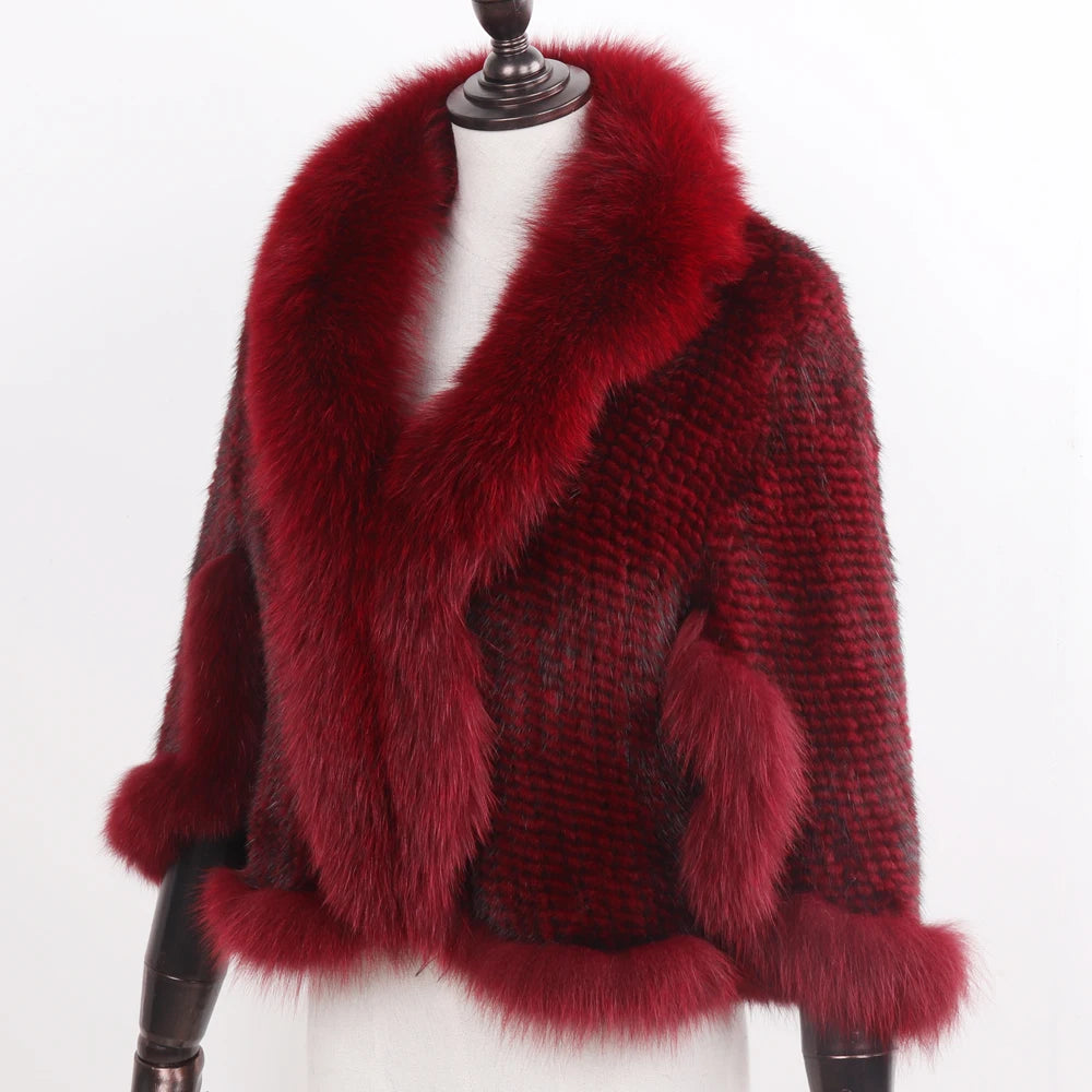 Women's Real Mink Fur Knitted Shawl Coat with Fox Fur Collar– Luxury Fashion Knit Cape Jacket