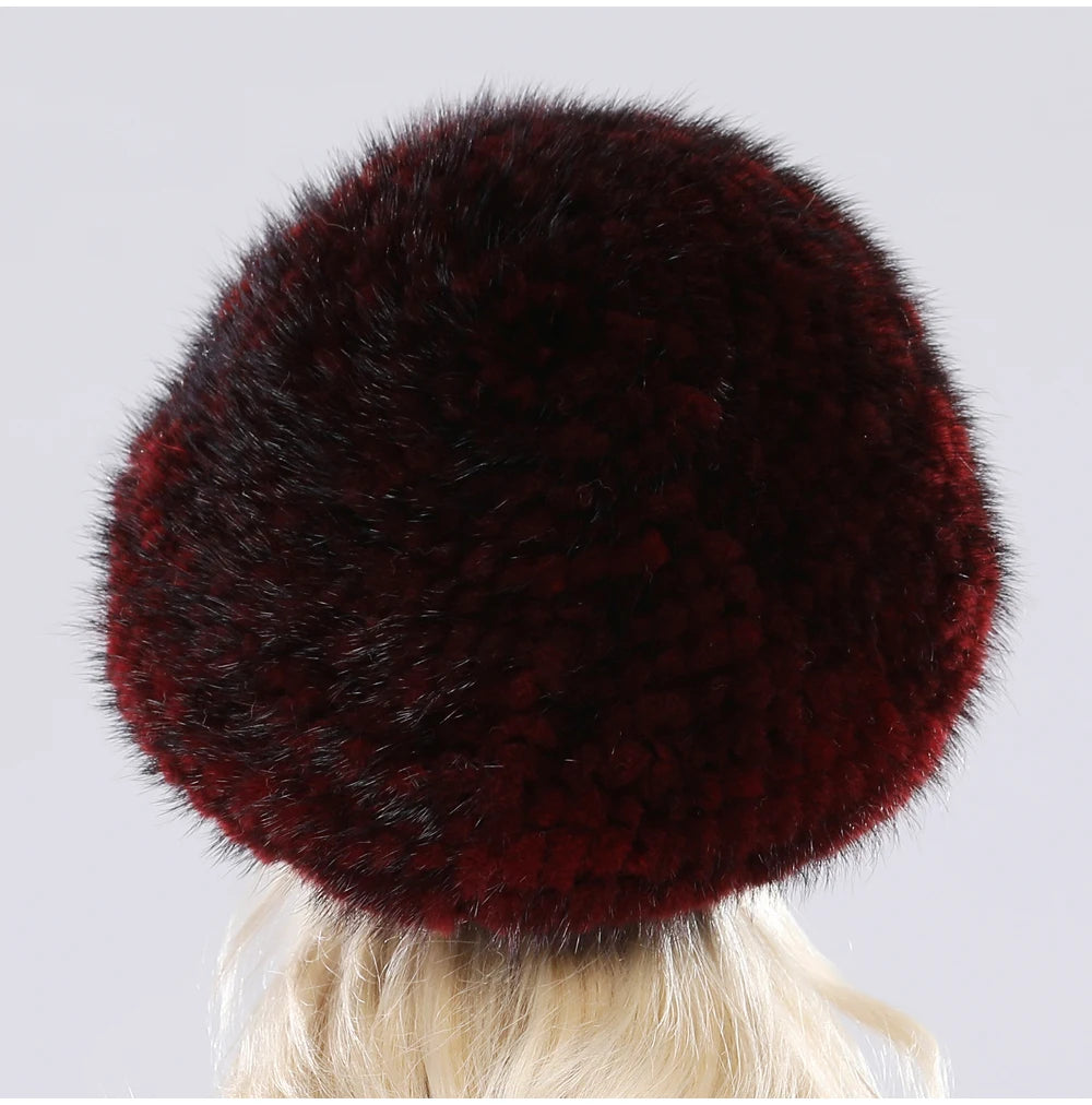 Hot Sale Winter Lady Natural Mink Fur Beanies Hat Knit Warm Striped Genuine Mink Fur Caps Women Good Elastic Real Mink Fur Hat
