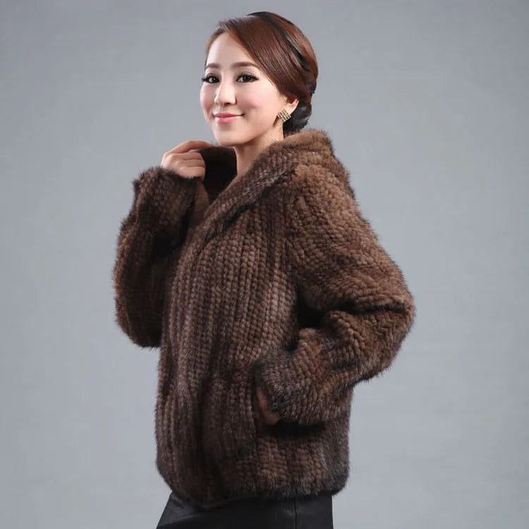 Women’s Luxury Real Knitted Mink Fur Jacket with Hood – Zipper Front Winter Coat (Plus Size) - HER SHOP