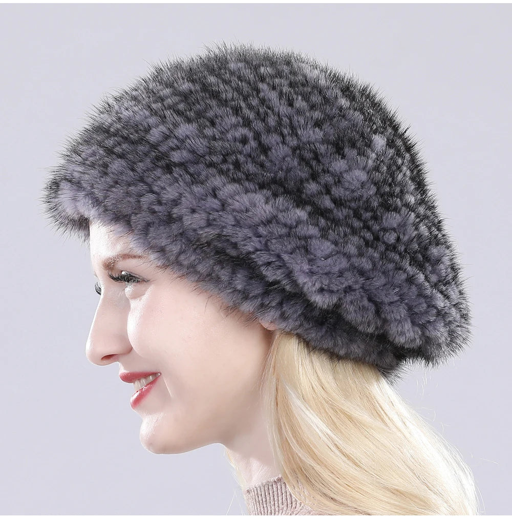 Hot Sale Winter Lady Natural Mink Fur Beanies Hat Knit Warm Striped Genuine Mink Fur Caps Women Good Elastic Real Mink Fur Hat