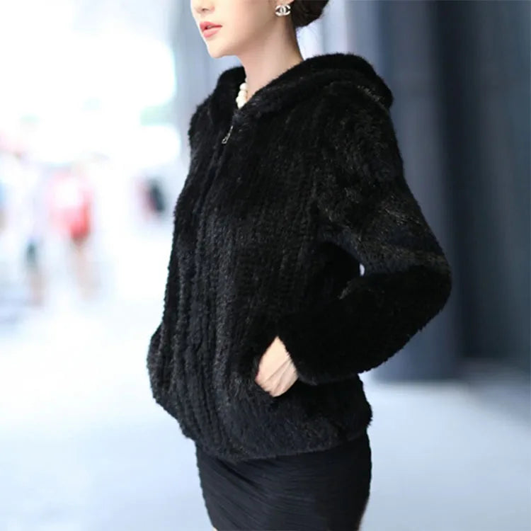 Women’s Luxury Real Knitted Mink Fur Jacket with Hood – Zipper Front Winter Coat (Plus Size)