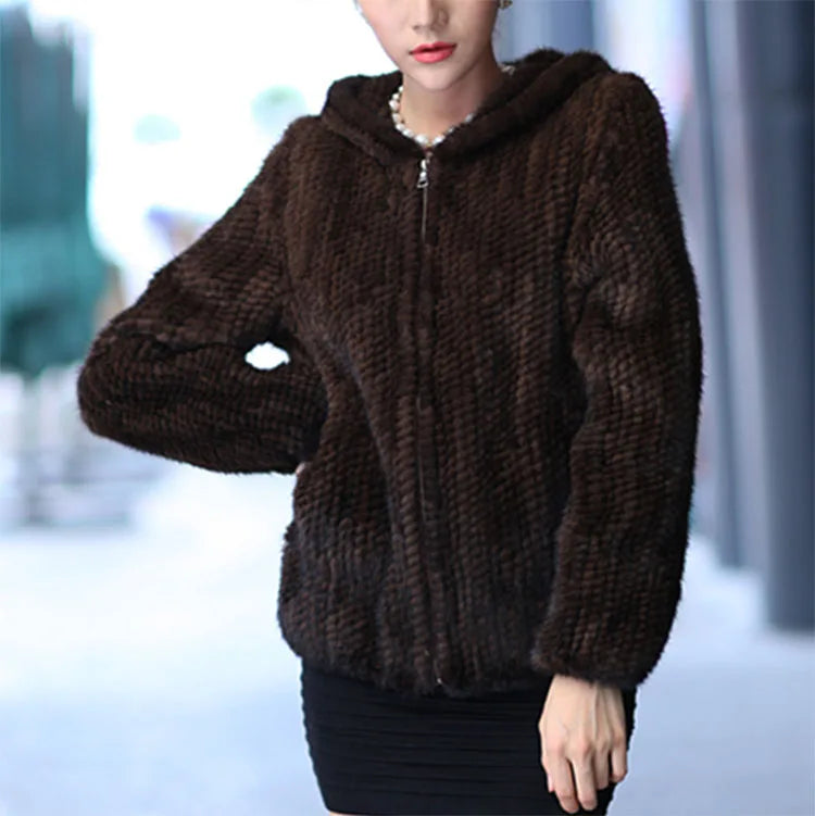 Women’s Luxury Real Knitted Mink Fur Jacket with Hood – Zipper Front Winter Coat (Plus Size)