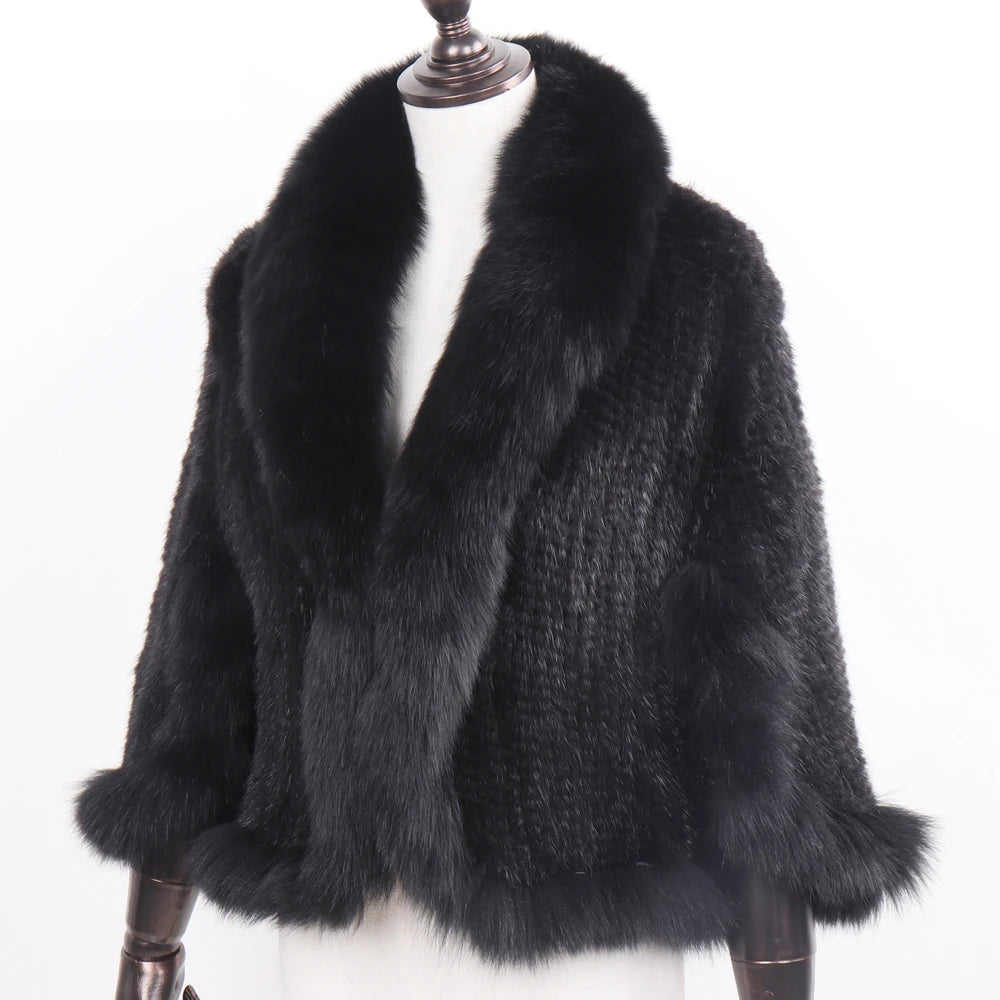 Women's Real Mink Fur Knitted Shawl Coat with Fox Fur Collar– Luxury Fashion Knit Cape Jacket - HER SHOP