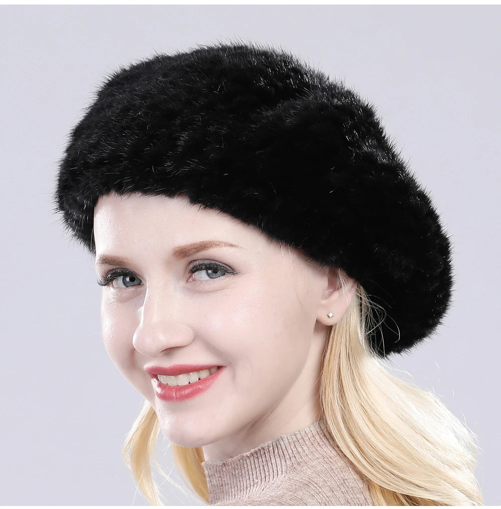 Hot Sale Winter Lady Natural Mink Fur Beanies Hat Knit Warm Striped Genuine Mink Fur Caps Women Good Elastic Real Mink Fur Hat