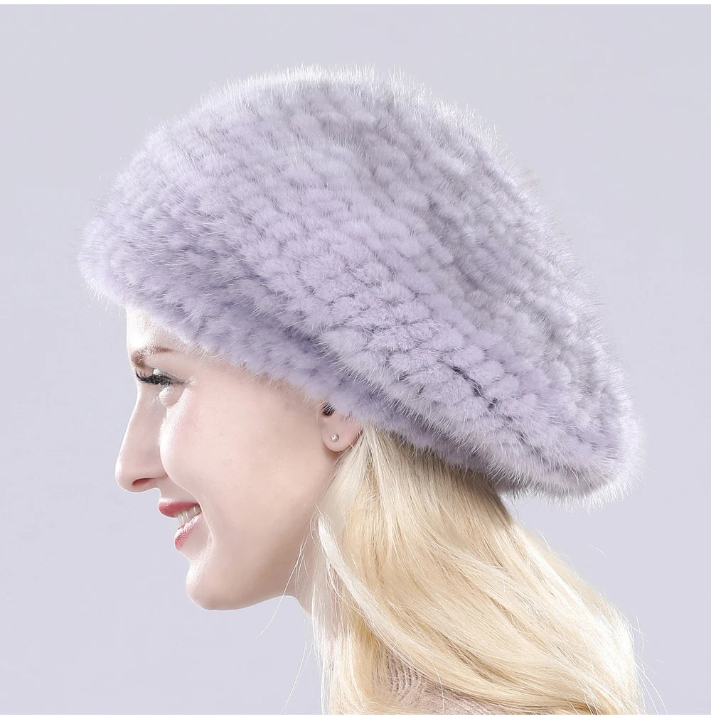 Hot Sale Winter Lady Natural Mink Fur Beanies Hat Knit Warm Striped Genuine Mink Fur Caps Women Good Elastic Real Mink Fur Hat