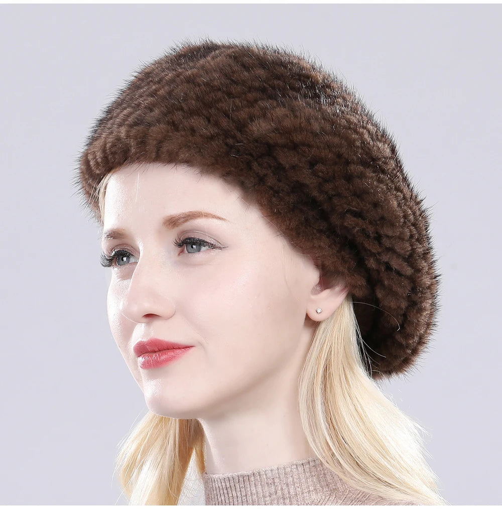 Hot Sale Winter Lady Natural Mink Fur Beanies Hat Knit Warm Striped Genuine Mink Fur Caps Women Good Elastic Real Mink Fur Hat