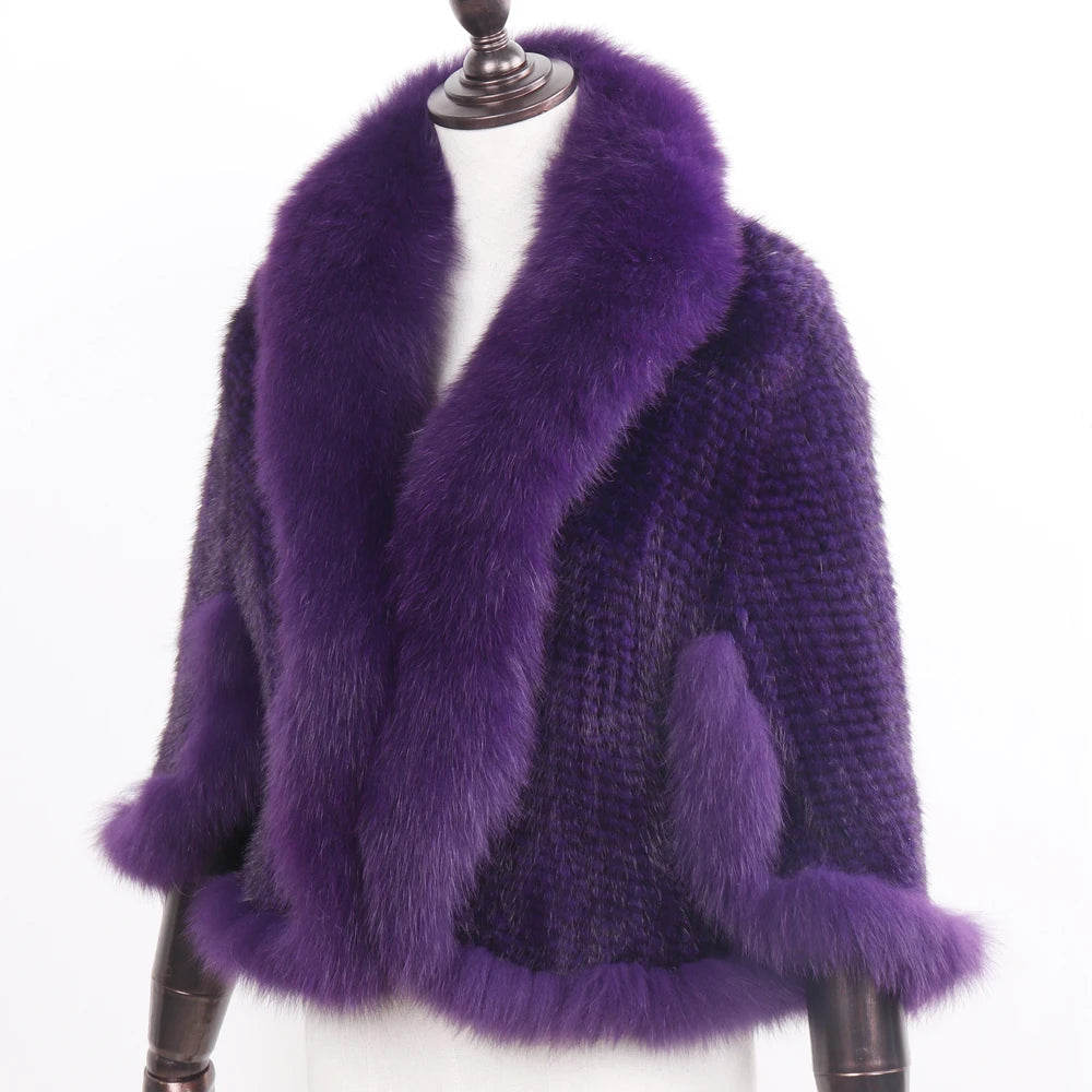 Women's Real Mink Fur Knitted Shawl Coat with Fox Fur Collar– Luxury Fashion Knit Cape Jacket
