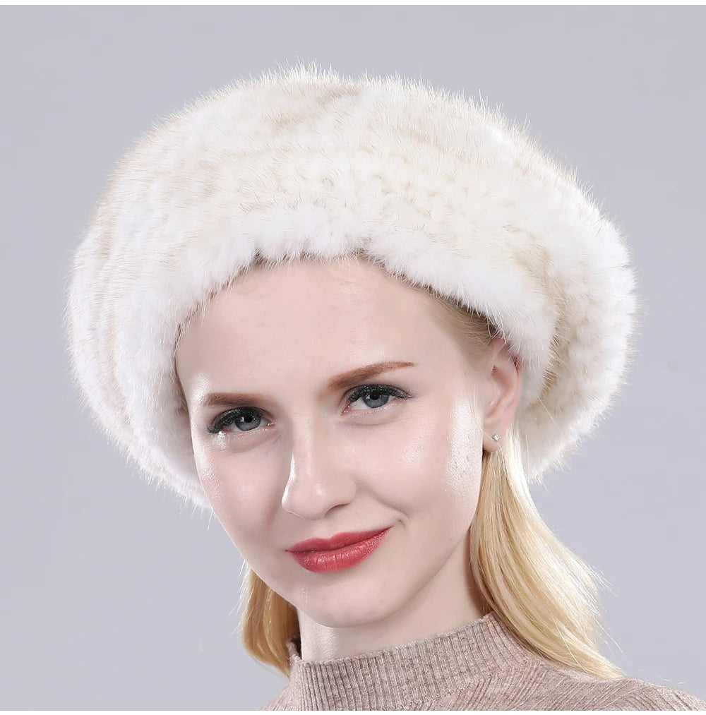 Hot Sale Winter Lady Natural Mink Fur Beanies Hat Knit Warm Striped Genuine Mink Fur Caps Women Good Elastic Real Mink Fur Hat