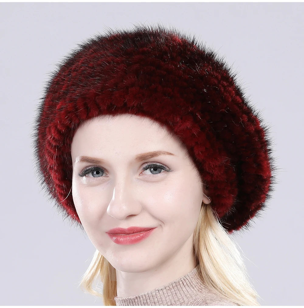 Hot Sale Winter Lady Natural Mink Fur Beanies Hat Knit Warm Striped Genuine Mink Fur Caps Women Good Elastic Real Mink Fur Hat
