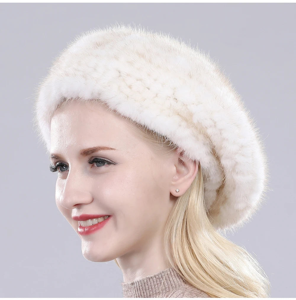 Hot Sale Winter Lady Natural Mink Fur Beanies Hat Knit Warm Striped Genuine Mink Fur Caps Women Good Elastic Real Mink Fur Hat
