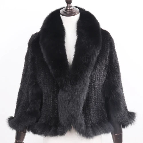 Women's Real Mink Fur Knitted Shawl Coat with Fox Fur Collar– Luxury Fashion Knit Cape Jacket