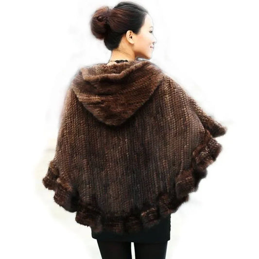 Fashion Women Fur Shawl Winter Knitted Real Mink Fur Stole With Fur Hood Knitted Mink Poncho Pashmina - HER SHOP